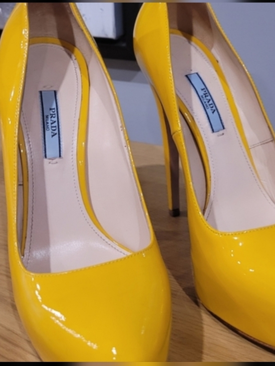 Prada Shoes - Prada Yellow Patent Leather High Heel Pumps